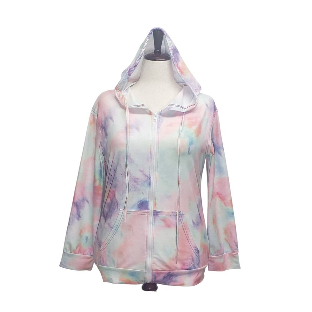 Womens Large Pastel Tie Dye Hoodie Zip Up Sweatshirt Y2K Soft Girl Chillwave
